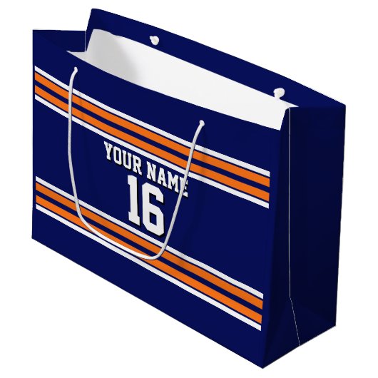 Navy Blue mit Orange White Stripes Team Jersey Große Geschenktüte (Vorderseite Schrägansicht)