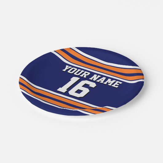 Navy Blue mit Orange White Stripes Team Jersey Pappteller (Schrägansicht)