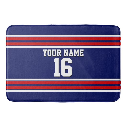 Navy Blue mit Red White Stripes Team Jersey Badematte (Vorderseite)