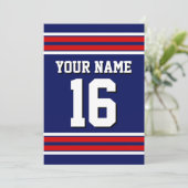 Navy Blue mit Red White Stripes Team Jersey Einladung (Stehend Vorderseite)