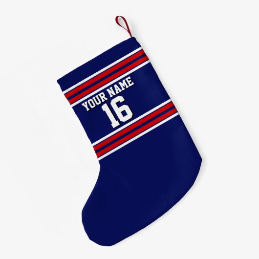 Navy Blue mit Red White Stripes Team Jersey Kleiner Weihnachtsstrumpf (Rückseite (Hängend))