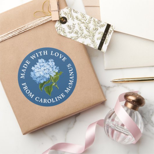 Navy Blue mit White Hydrangea Made with Liebe Runder Aufkleber (Schenken)