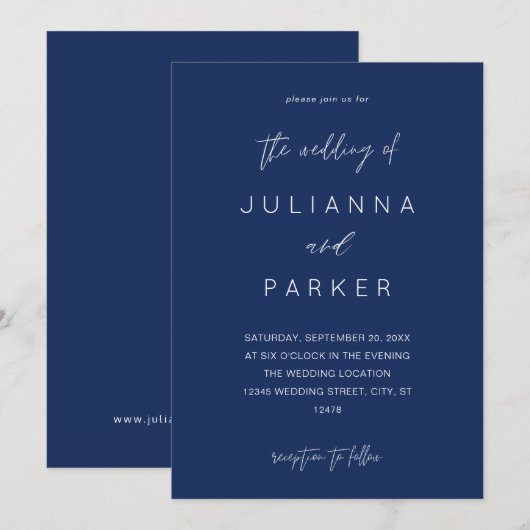 Navy Blue MOD Calligraphy Wedding Einladung (Vorne/Hinten)