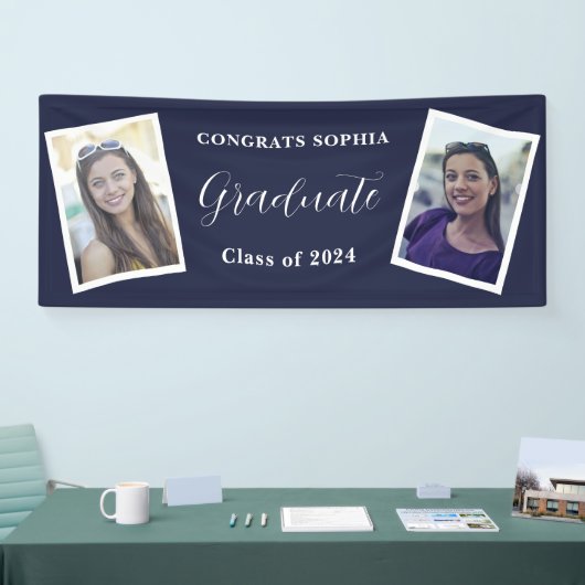 Navy Blue Modern 2 Foto Graduation Party Banner (Messe)