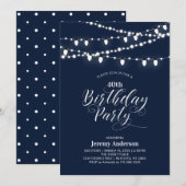 Navy Blue Modern 40. Adult Birthday Party Einladung (Vorne/Hinten)