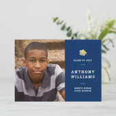 Navy Blue Modern Abschluss Custom Foto Einladung (Stehend Vorderseite)
