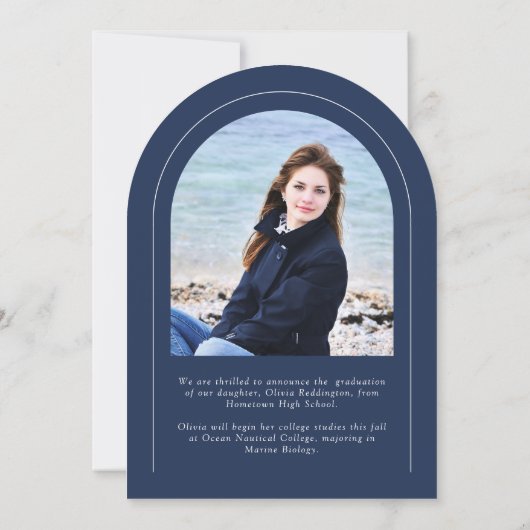 Navy Blue Modern Arch 2 Foto Grad Ankündigung (Rückseite)