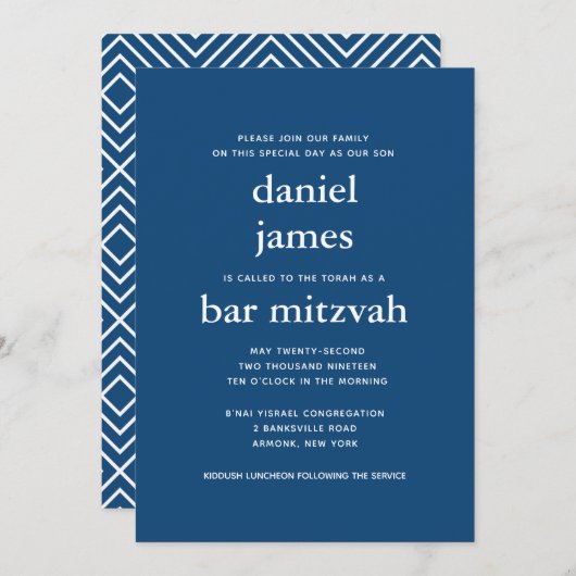 Navy Blue Modern Bar Mitzvah II Einladung (Vorne/Hinten)
