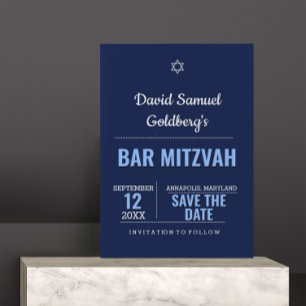 Navy Blue Modern Bar Mitzvah Save the Date Card Einladung