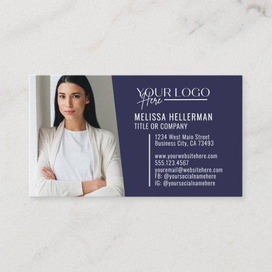 Navy Blue Modern Berufliches QR-Code-Foto-Logo Visitenkarte (Vorderseite)