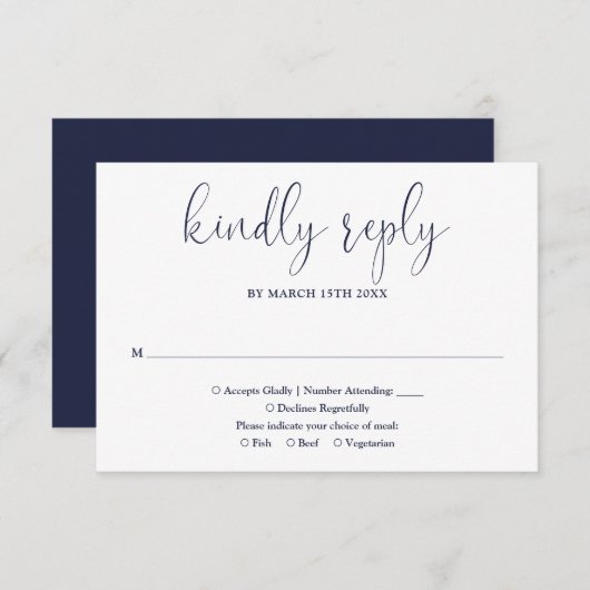 Navy Blue Modern Chic Elegante Script Hochzeit RSVP Karte (Vorne/Hinten)