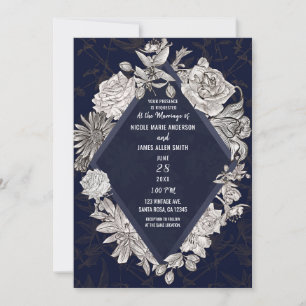 Navy Blue Modern Diamond Vintage Blume Hochzeit Einladung