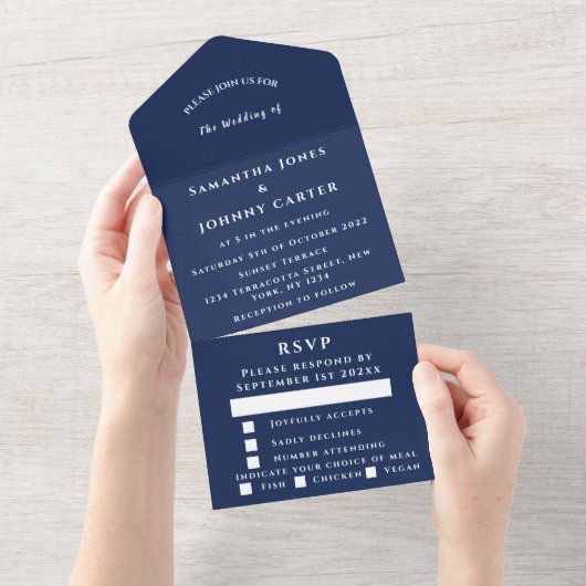 Navy Blue Modern Elegant Simple Wedding All In One Einladung (Abreißen)