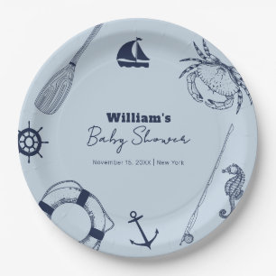 Navy Blue Modern Elegante Fishing Boy Baby Shower Pappteller