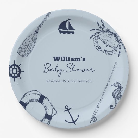 Navy Blue Modern Elegante Fishing Boy Baby Shower Pappteller (Vorderseite)