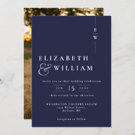 Navy Blue Modern Elegante Monogram Foto Wedding Einladung