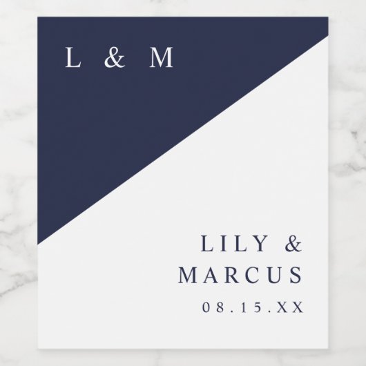 Navy Blue Modern Elegante Monogram Wedding Weinetikett (Einzelnes Label)