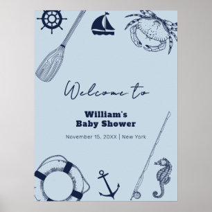 Navy Blue Modern Fishing Boy Baby Dusche Willkomme Poster