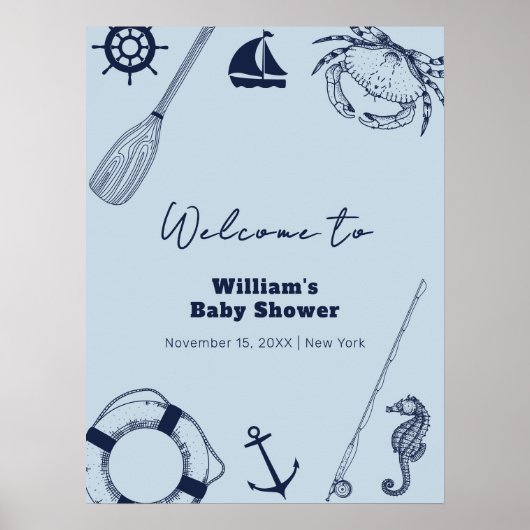 Navy Blue Modern Fishing Boy Baby Dusche Willkomme Poster (Vorne)