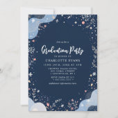 Navy Blue Modern Floral Confetti Abschluss Einladung (Vorderseite)