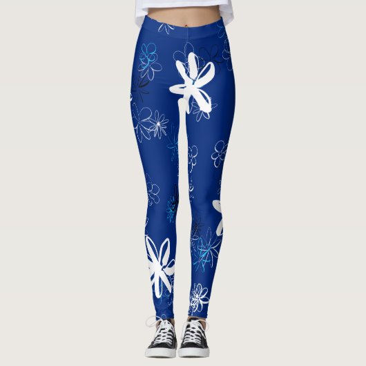 Navy Blue Modern Floral Pattern Leggings (Vorderseite)
