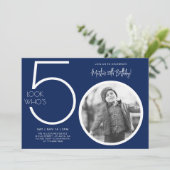 Navy Blue Modern Foto 50. Geburtstag Einladung (Stehend Vorderseite)