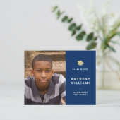 Navy Blue Modern Foto Abschluss Postkarte (Stehend Vorderseite)