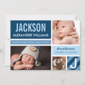 Navy Blue Modern Foto Collage Baby Boy Birth Ankündigung (Vorderseite)