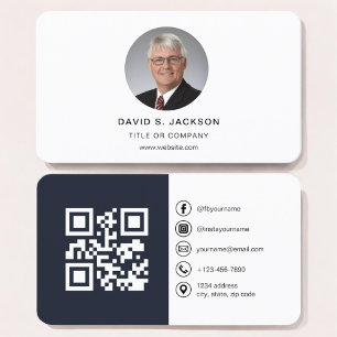 Navy Blue Modern Foto mit QR Code Social Media Visitenkarte