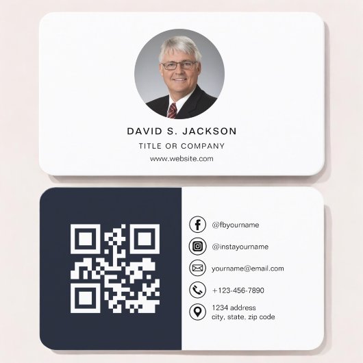 Navy Blue Modern Foto mit QR Code Social Media Visitenkarte