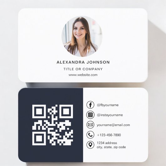 Navy Blue Modern Foto mit QR Code Social Media Visitenkarte