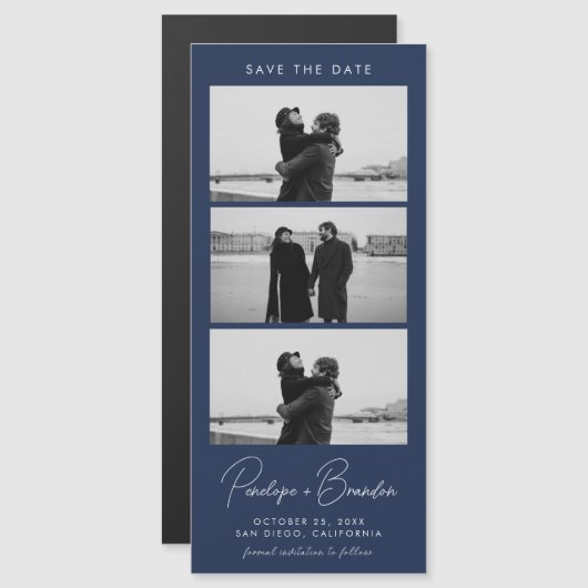 Navy Blue Modern Foto Strip Magnetic Wedding Magnetkarte (Vorne/Hinten)