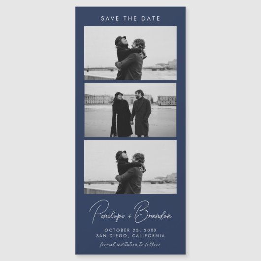 Navy Blue Modern Foto Strip Magnetic Wedding Magnetkarte (Vorderseite)