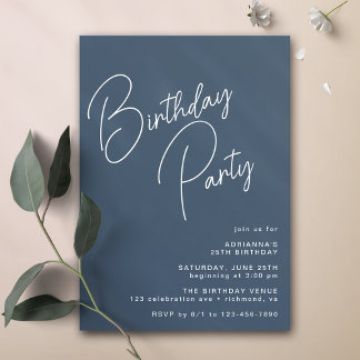 Navy Blue Modern Lässig Script Typografy Birthday Einladung