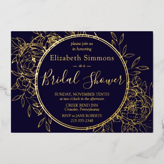 Navy Blue Modern Line Peony Toile Brautparty Folieneinladung (Vorderseite)