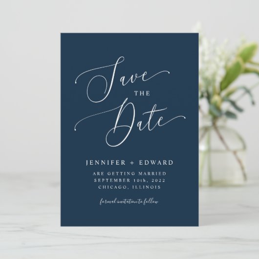 Navy Blue Modern Minimal Save The Date (Stehend Vorderseite)