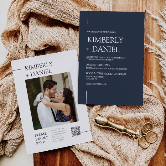 Navy Blue Modern Minimal Wedding QR Code Foto Einladung
