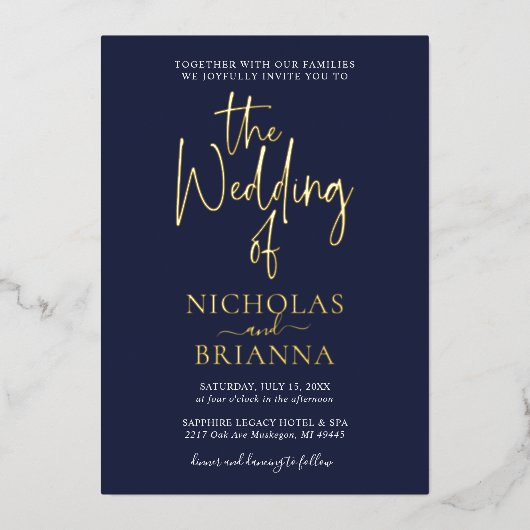 Navy Blue Modern Minimalistisch Classic Wedding Folieneinladung (Vorderseite)
