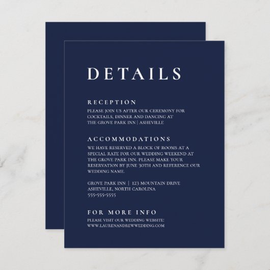 Navy Blue Modern Minimalistisch Elegante Begleitkarte (Vorne/Hinten)