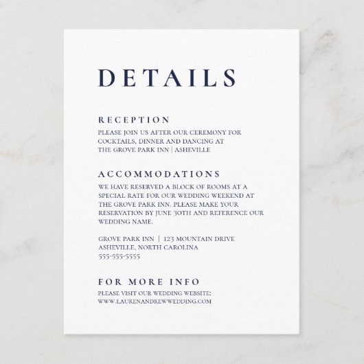 Navy Blue Modern Minimalistisch Elegante Einschlus Begleitkarte (Vorderseite)