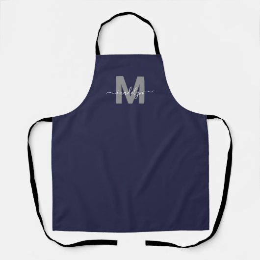 Navy Blue Modern Minimalistisch Elegante Monogram Schürze (Vorderseite)