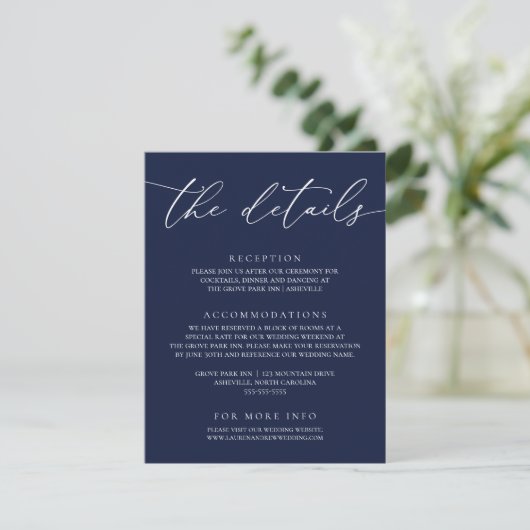 Navy Blue Modern Minimalistisch Hochzeitskarte Begleitkarte (Stehend Vorderseite)