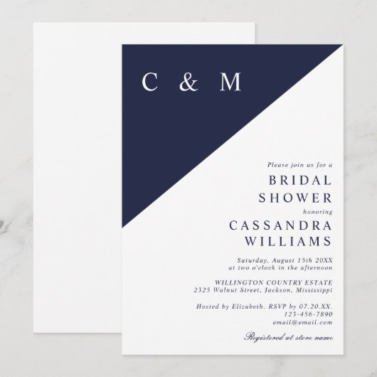 Navy Blue Modern Minimalistisch Monogram Brautpart Einladung (Vorne/Hinten)