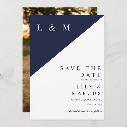 Navy Blue Modern Minimalistisch Monogram Wedding F Save The Date (Vorne/Hinten)