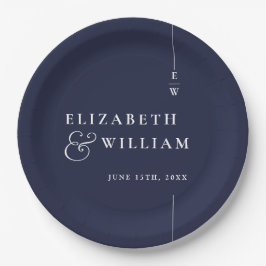 Navy Blue Modern Minimalistisch Monogram Wedding Pappteller