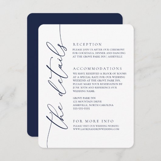 Navy Blue Modern Minimalistisch Wedding 2 Begleitkarte (Vorne/Hinten)