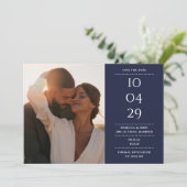 Navy Blue Modern Minimalistisch Wedding Foto Save The Date (Stehend Vorderseite)