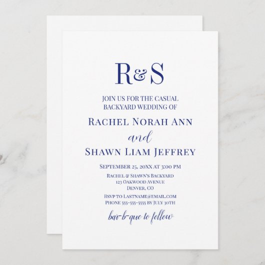 Navy Blue Modern Monogram Backyard Wedding Einladung (Vorne/Hinten)