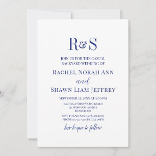 Navy Blue Modern Monogram Backyard Wedding Einladung