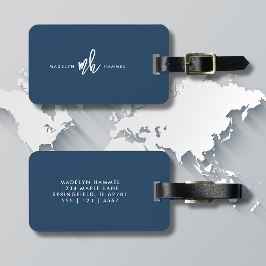 Navy Blue Modern Monogram Script Initials Gepäckanhänger
